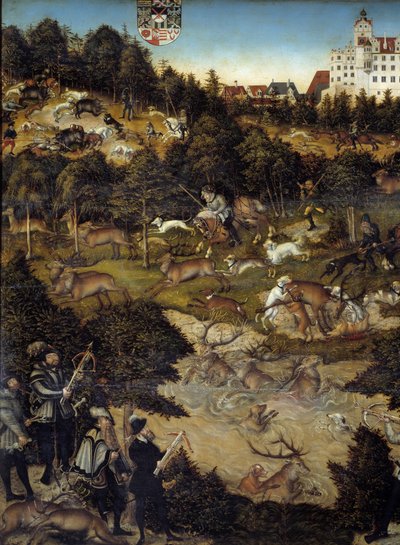 Vadászat V. Károly tiszteletére a Torgau-kastélyban (Németország). Részlet. A császár valószínűleg egy képviselő a földszinten, kezében számszeríjjal. Lucas Cranach festménye (1472-1553) alkotó: Lucas the Elder Cranach