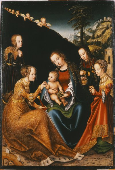 Alexandriai Szent Katalin misztikus házassága Szent Dorottyával, Szent Margittal és Szent Borbálával - Alexandriai Szent Katalin misztikus házassága Szent Dorottyával, Margittal és Barbarával, Cranach, Lucas, az idősebb (1472-1553). olaj rá alkotó: Lucas the Elder Cranach