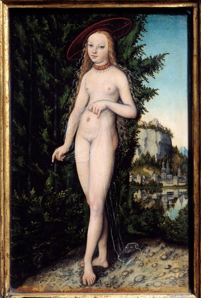Tájképben álló Vénusz Idősebb Lucas Cranach (1472-1553) festménye 1529, Olaj, fa, Dim. 0,38x0,25 m - Vénusz egy tájban álló. Idősebb Lucas Cranach (1472-1553) festménye alkotó: Lucas the Elder Cranach