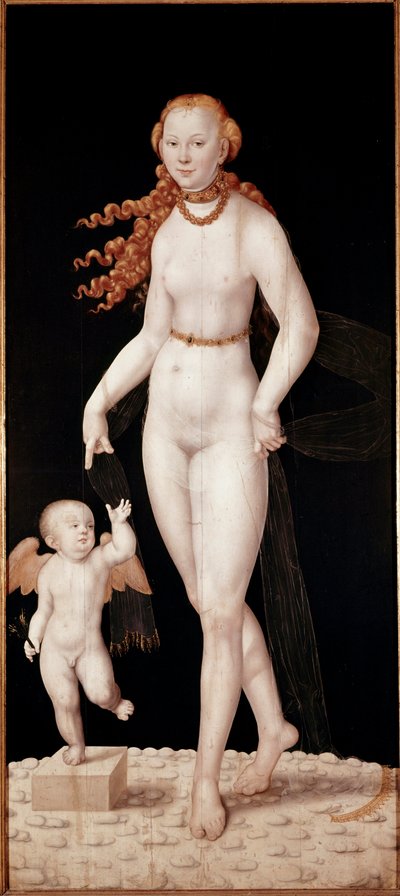 Lucas Cranach fiatal (1515-1586) Vénusz és Ámor festménye 1540 kb. Homályos. 196 x 89 cm München, Alte Pinakothek alkotó: Lucas the Younger Cranach