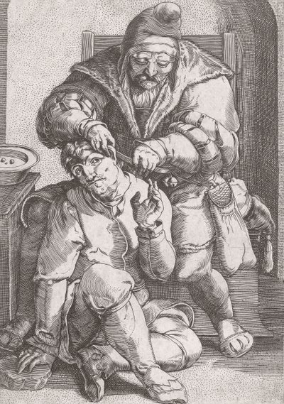 17. századi borbély sebész, aki a páciens fülét ápolja. alkotó: Lucas van (after) Leyden
