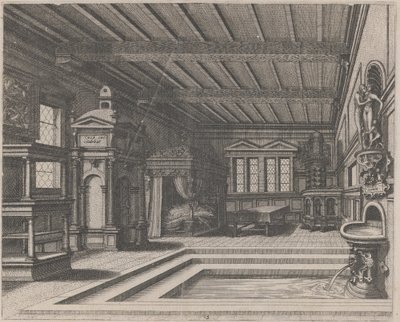 Belső svédasztallal, bejárati portállal és baldachinos ággyal alkotó: Lucas van Doetechum and Johannes