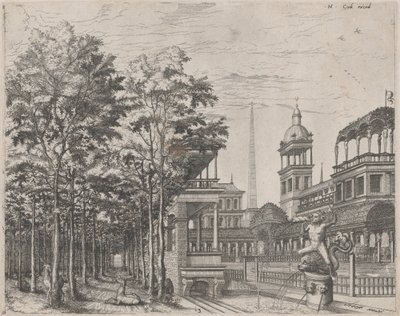 Táj fákkal, két szarvassal és a palota udvarával alkotó: Lucas van Doetechum and Johannes
