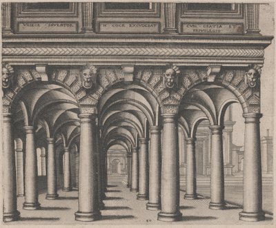 Nyitott terem, amelyet toszkán oszlopok támogatnak, jobb oldalon egy városi tér alkotó: Lucas van Doetechum and Johannes