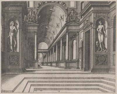 Kilátás egy templomban korinthoszi oszlopokkal és Apollón, Melpomene és Mózes szobraival alkotó: Lucas van Doetechum and Johannes