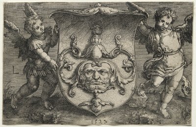 Két Genii által támogatott maszkot viselő pajzs, 1527. alkotó: Lucas van Leyden