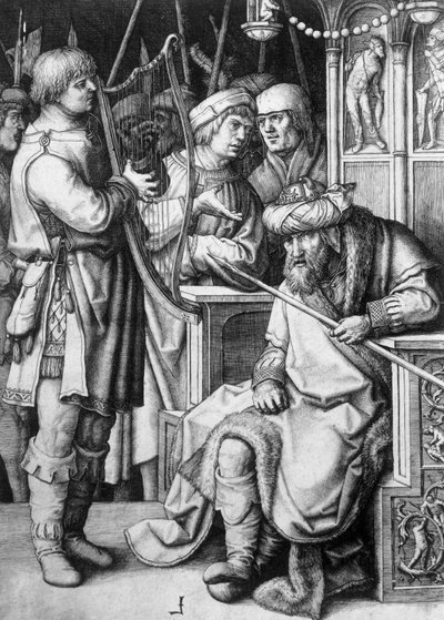 Dávid hárfán játszik Saul király előtt, 1508 körül, Lucas van Leyden (kb. 1494-1533), metszet alkotó: Lucas van Leyden
