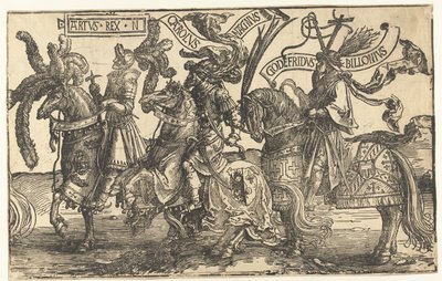 A hősök Arthur király, Nagy Károly és Bouillon Godfrey The Nine Heroes (sorozat címe) alkotó: Lucas van Leyden