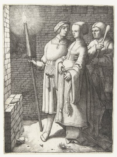Fiatal férfi fáklyával, nővel és narrával alkotó: Lucas van Leyden
