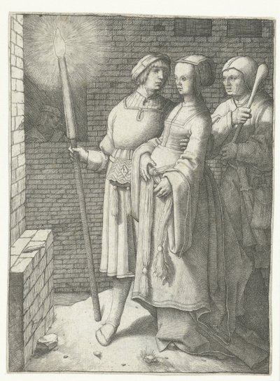 Fiatal férfi fáklyával, nővel és narrával alkotó: Lucas van Leyden