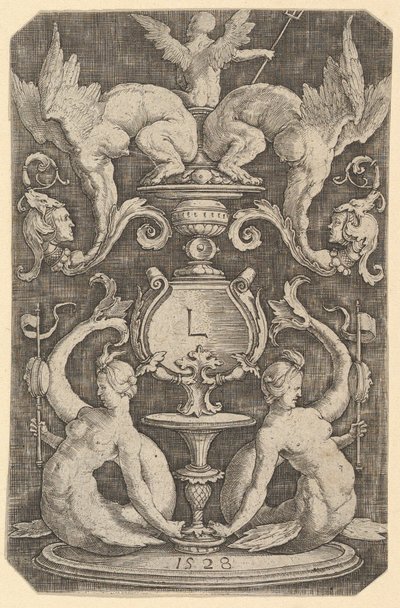 Dísztábla két szirénával, 1528. alkotó: Lucas van Leyden