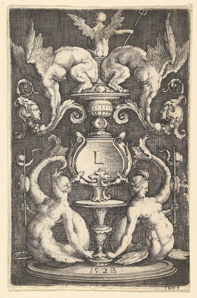 Dísztábla két szirénával, 1528. alkotó: Lucas van Leyden