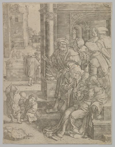 Vergilius költő kosárba függesztve, 1525. alkotó: Lucas van Leyden