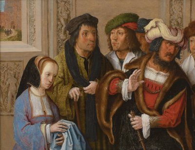 Potifár felesége megmutatja férjének József köpenyét. A háttérben: Józsefet börtönbe viszik alkotó: Lucas van Leyden