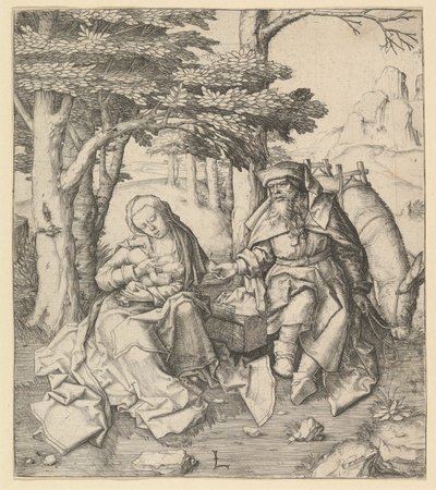 Pihenjen az egyiptomi repülésen, kb. 1506. alkotó: Lucas van Leyden