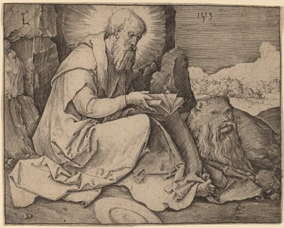Szent Jeromos egy tájban alkotó: Lucas van Leyden