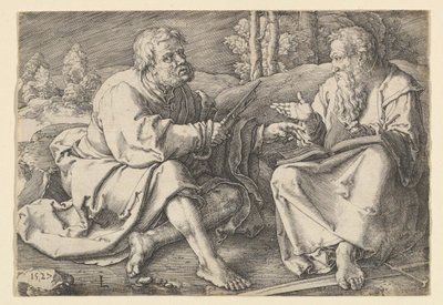 Sts. Péter és Pál egy tájban ülve, 1527. alkotó: Lucas van Leyden