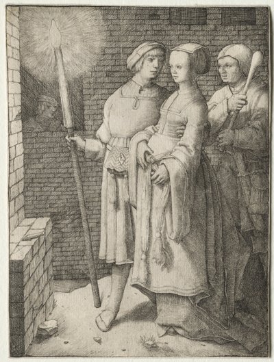 A fáklyás férfi és egy nő, akit bolond követ, c. 1508. alkotó: Lucas van Leyden