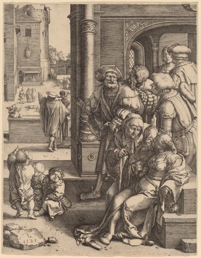 Vergilius költő kosárba függesztve alkotó: Lucas van Leyden
