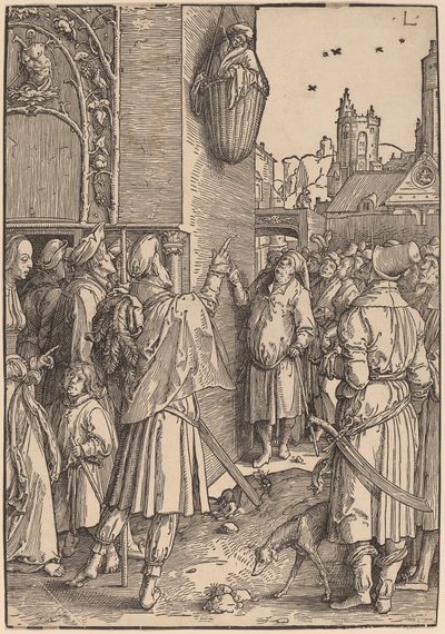 Vergilius költő kosárba függesztve alkotó: Lucas van Leyden
