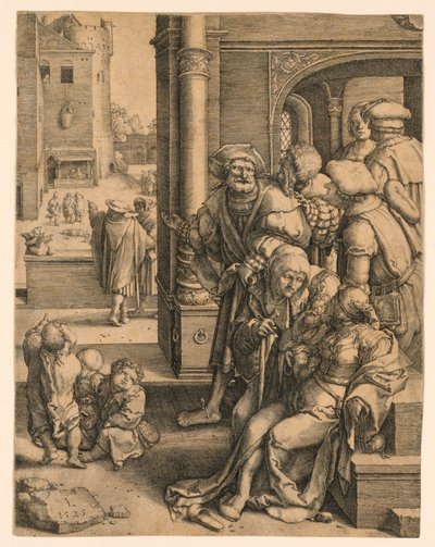 Vergilius költő kosárba függesztve alkotó: Lucas van Leyden
