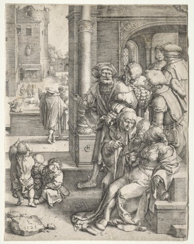 Vergilius költő kosárba függesztve alkotó: Lucas van Leyden