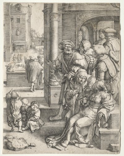 Vergilius költő kosárba függesztve, 1525. alkotó: Lucas van Leyden