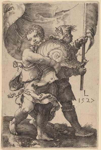 Két fiú sisakkal és szabványos alkotó: Lucas van Leyden