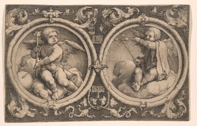 Két felhőkön ülő kupidó alkotó: Lucas van Leyden