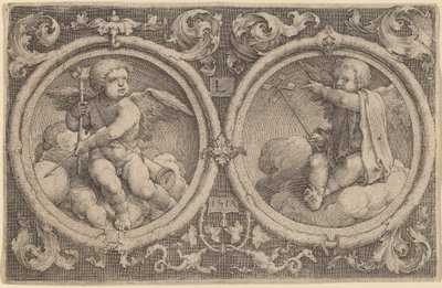 Két Ámor ül a felhőkön két körben alkotó: Lucas van Leyden