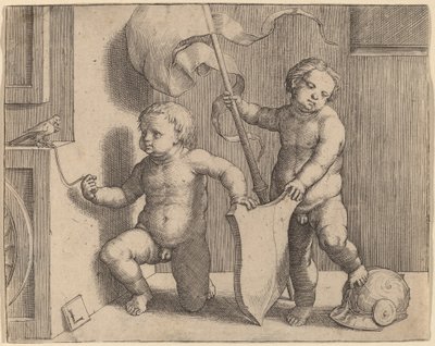 Két meztelen gyerek egy üres pajzsot támogat alkotó: Lucas van Leyden