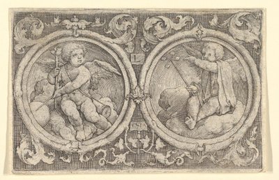 Két putti felhőkben ülve körökben indákkal, 1517. alkotó: Lucas van Leyden