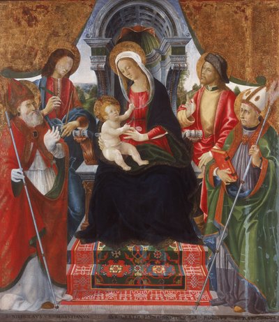 Szűz és gyermek Szent Miklóssal, Sebastiannal, Roch-al és Mártonnal alkotó: Lucchese School Late 15th Century
