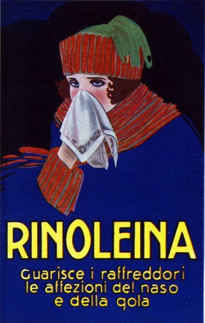 A Rinoleina gyógyszer reklámja a megfázás, torokfájás és köhögés ellen. Lucien Achille Mauzan (1883-1952) illusztrációja. alkotó: Luciano Achille Mauzan