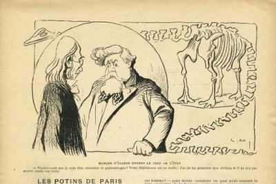 Illusztráció: Le Rire, 08.06.27 - Az államfő figyelmen kívül hagyása - Köztársasági elnök, dinoszaurusz, őslénytan - Fallieres Armand (1841-1931), dinoszaurusz, Diplodocus (metszet) alkotó: Lucien Metivet
