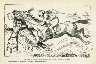 illusztráció: Le Rire, 28/06/28 A szüfrazsett ütése, Jaures kis őrült asszonya (metszet) alkotó: Lucien Metivet