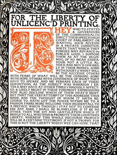 Eragny Press: Az Areopagitica nyitólapja, 1895-1914 körül. alkotó: Lucien Pissaro