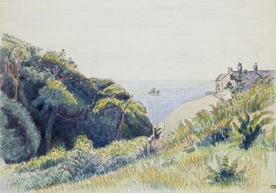 The Coastguards House, Ecclesbourne, 1918 (toll, szürke tinta és színes zsírkréta, texturált papír) alkotó: Lucien Pissarro