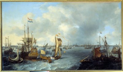 Amszterdam kikötőjének képe Ludolf Backhuyzen (1631-1708) Ij festményéről 1666 V. 1,28x2,21 m alkotó: Ludolf I Backhuyzen