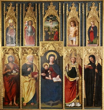 Oltárkép, 10 festmény: Szűz és gyermeke Keresztelő Szent János és Szent Péter között, Egy püspök és apát, Krisztus a kereszten Szent János és Szűz között, Szent Márton és Szent Viktor, Szent Sebestyén és Szent Margit. alkotó: Ludovico Brea