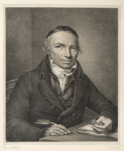 Johann Joachim Bellermann, mellkép asztalnál, pecsétgyűrűvel a kezében alkotó: Ludwig Buchhorn