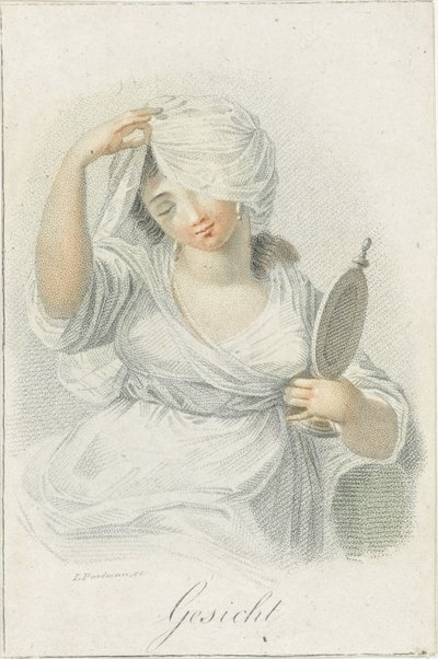 Látás Arc (cím a tárgyon) Öt érzékszerv, amelyet női alakok képviselnek (sorozat címe) Die Funf Sinne (sorozat címe) alkotó: Ludwig Gottlieb Portman