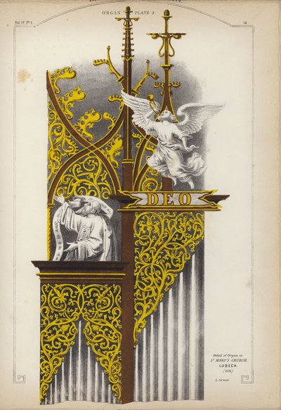Részlet a németországi Lübeck-i Szent Mária-templom orgonájáról (színes litó) alkotó: Ludwig Gruner
