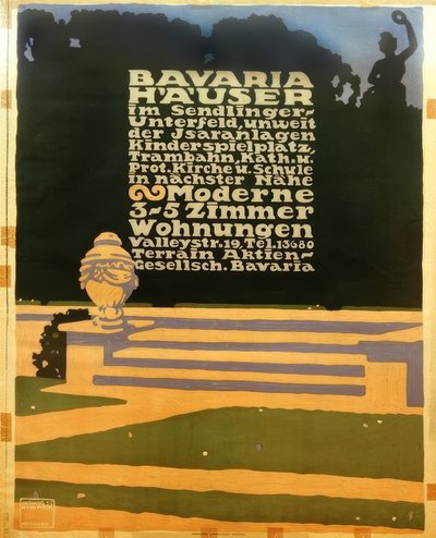 Bavaria házak Sendlinger Unterfeldben, nem messze az Isar létesítményektől / játszótér, villamos, Kath alkotó: Ludwig Hohlwein