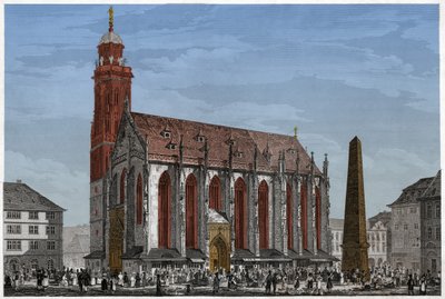 Mária-kápolna Würzburgban, a Marche tér és az obeliszk előtt, Németországban. kb 1850 (metszet) alkotó: Ludwig Lange
