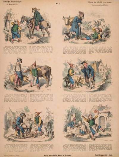 Hans in Luck (a Grimm testvérek nyomán), 213. sz. Muenchener Bilderbogen, Braun & Schneider, München, 1880 alkotó: Ludwig Voltz