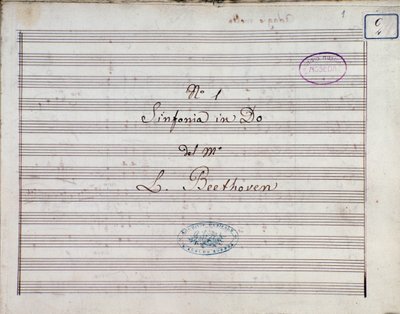 Ludwig van Beethoven 1. szimfóniájának és 21. C-dúr opuszának kottájának első oldala alkotó: Ludwig van Beethoven