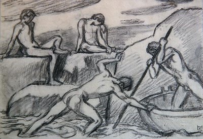 Meztelen csónakos és fiatalok a zöld parton (grafit, papír) alkotó: Ludwig von Hofmann
