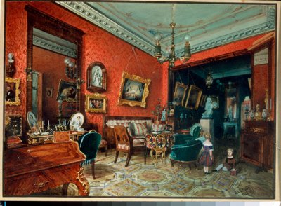""A nappali"" (Salle de sejour) Két gyerek játszik a nappaliban - Luigi Premazzi (1814-1891) akvarellje, 1840 körül Magángyűjtemény alkotó: Luigi Premazzi