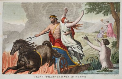 Cyane és Proserpina megerőszakolása vagy Ciane Transformata in Fonte, V. könyv, illusztráció Ovidius Metamorphoses című művéből, Firenze, 1832 (kézzel színezett metszet) alkotó: Luigi Ademollo
